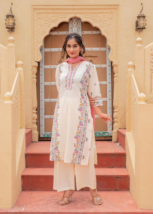 Juniper Soft Pastel Floral Printed Ivory Kurti Set