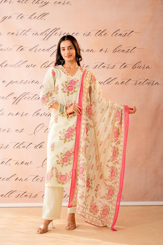 Juniper Gulbahaar Blush Floral Kurta Pant And Dupatta Set