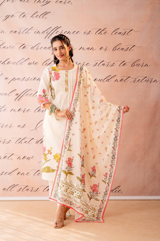 Juniper Dastaan Off-White Floral Printed Kurta Pant And Dupatta Set