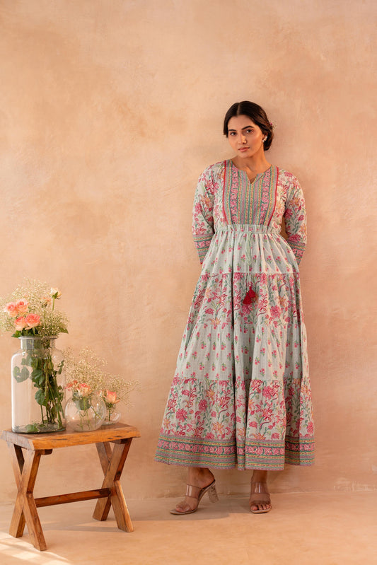 Juniper Gulbahar Bloom Sage Green Anarkali Dress