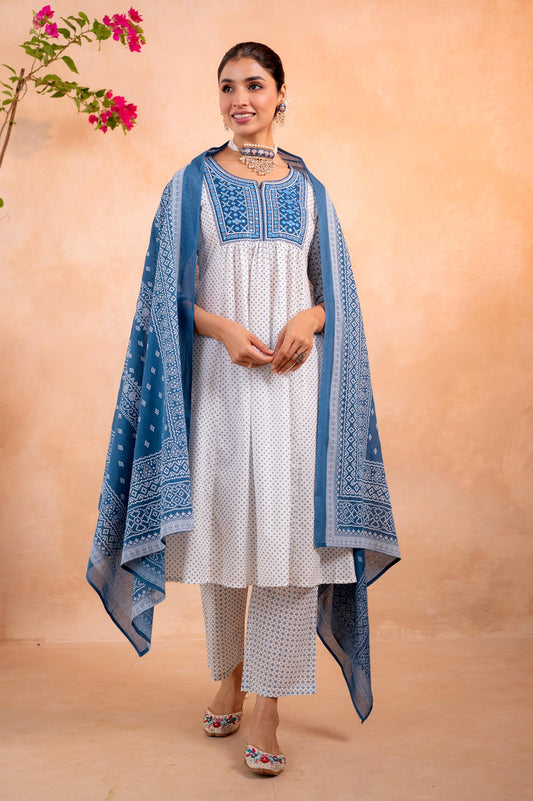 Juniper Blue & White Viraasat Printed Kurta Pant And Dupatta Set with Dupatta