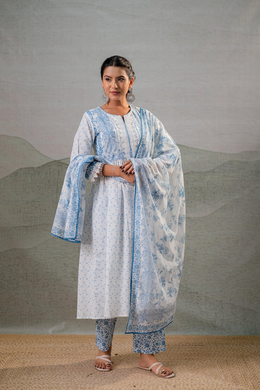 Juniper Neelambar Skyblue Printed Flared Kurta Pant And Dupatta Set