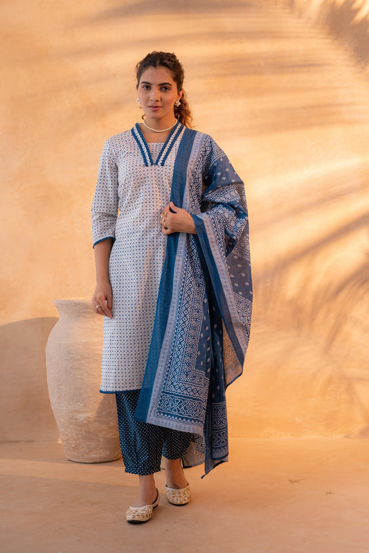Juniper Noir Ikat Echo Blue & White Printed Kurta Pant And Dupatta Set