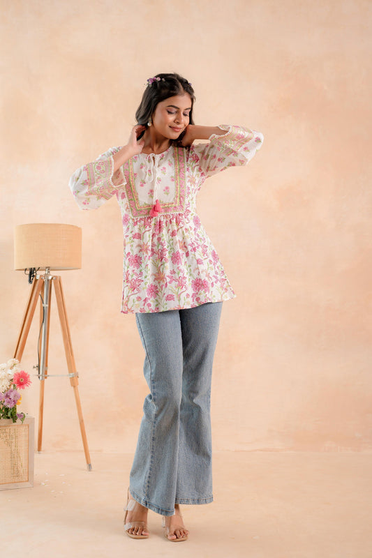 Juniper Off-White & Pink Floral Printed Gathered Ethnic Tunic with Lace Yoke