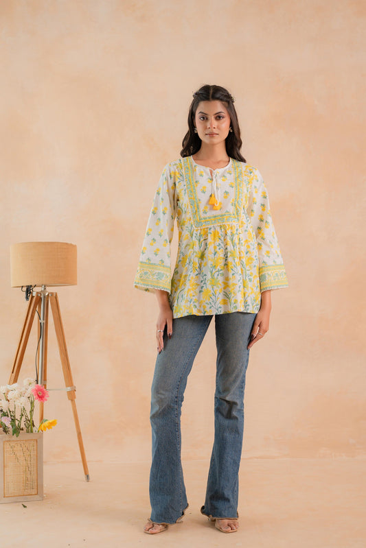 Juniper Off-White & Yellow Floral Printed Gathered Ethnic Tunic with Lace Yoke