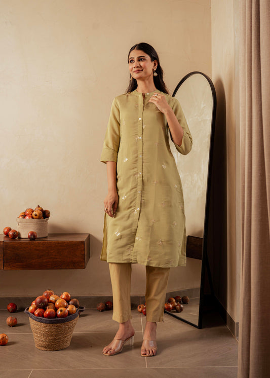 Juniper Sage Green Solid Viscose A-Line Kurta With Embroidery, Beads & Button Detailing | Grab2Buy