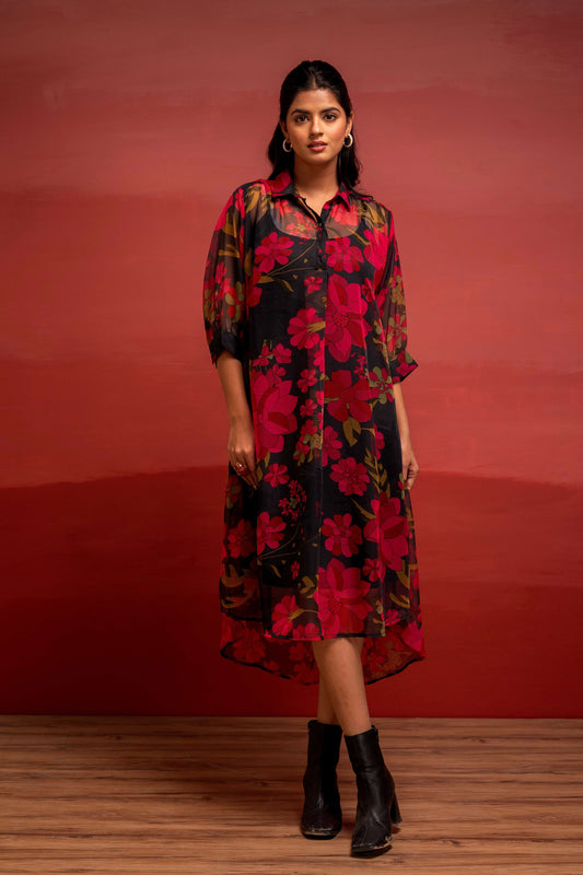 Juniper Black Floral Printed A-Line Kurta With Inner And Button Detailing | Grab2Buy