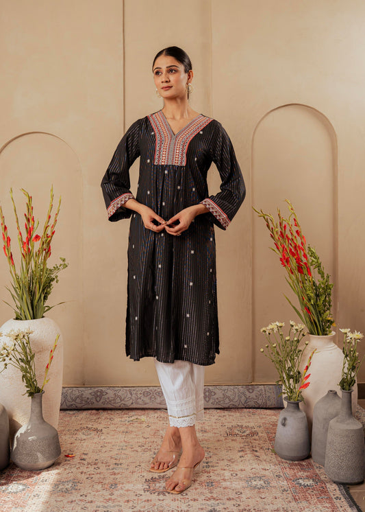 Juniper Black Striped Viscose Kurta With Embroidered Thread Work And Mirror Detailing | Grab2Buy