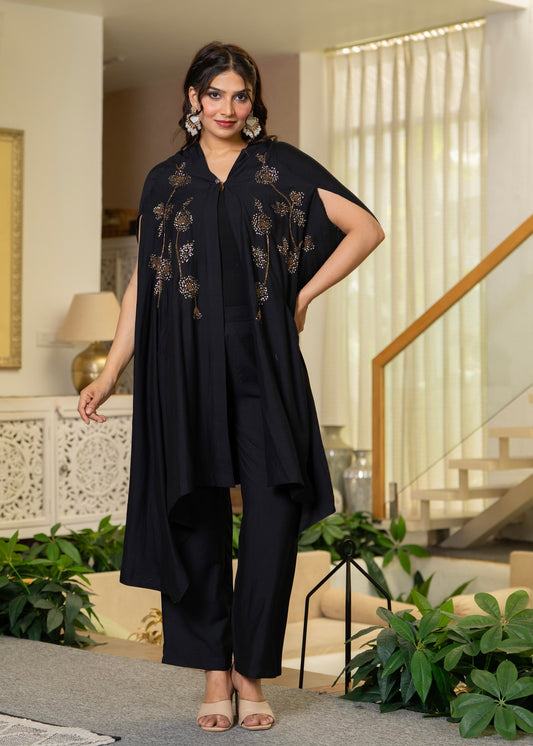 Juniper Black Embroidered Cape Co-Ord Set