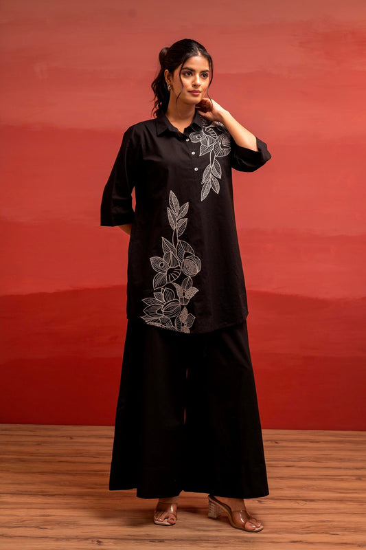 Juniper Black Solid Cotton Shirt And Pants Co-Ord Set With Thread Work