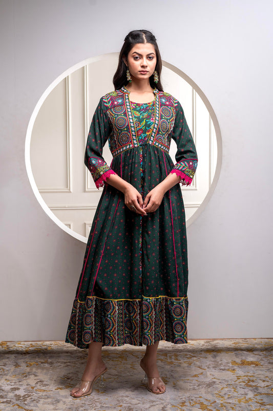 Juniper Viscose Bottle Green Embroidered Long Dress And Shrug Set With Thread, Mirror Work & Beads