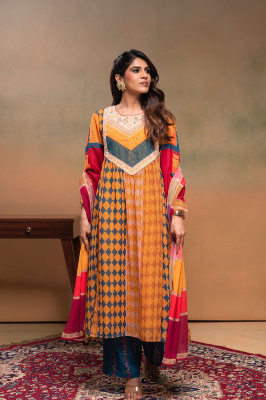 Juniper Mustard Man Made Fiber Ethnic Gathered Flared Kurta With Pants & Dupatta Set With Beads & Sequence Work