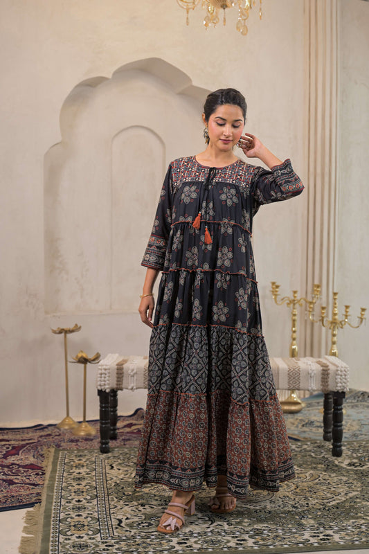 Juniper Black Man Made Fiber Ethnic Tiered Flared Long Dress With Mirror & Thread Work