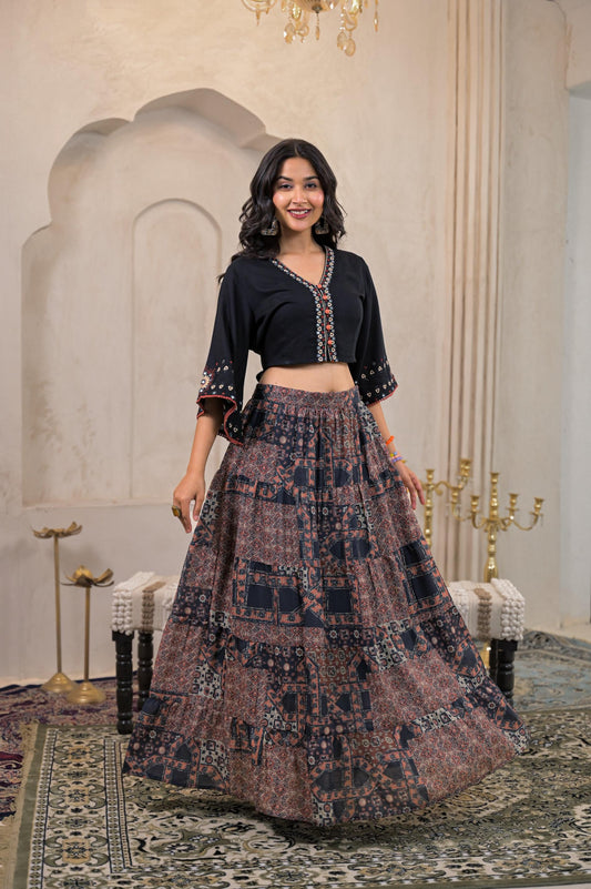 Juniper Black Mirror Work Crop Top With Printed Flared Skirt Set