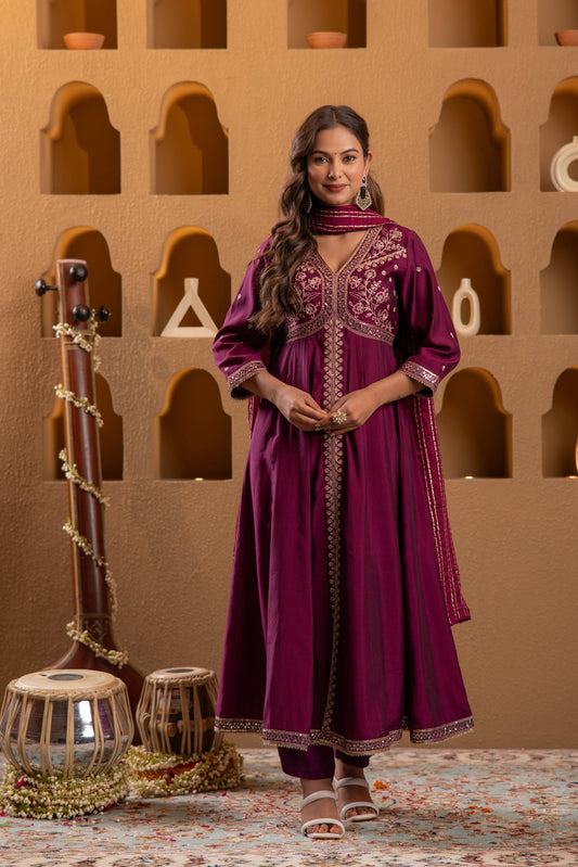 Juniper Wine Viscose Solid Fit & Flared Kurta With Pants & Dupatta Set With Mirror, Thread, Dori & Sequence Work