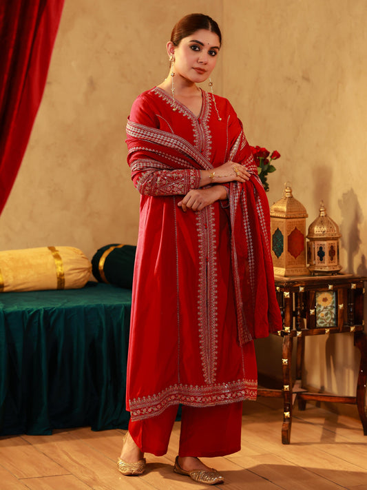 Juniper Red Viscose Solid A-Line Kurta With Pants & Dupatta Set With Zari, Sequence & Dori Work