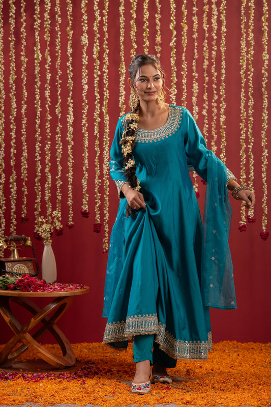 Juniper Aqua Blue Viscose Flared Kurta With Pants & Dupatta Set With Zari & Sequence Work