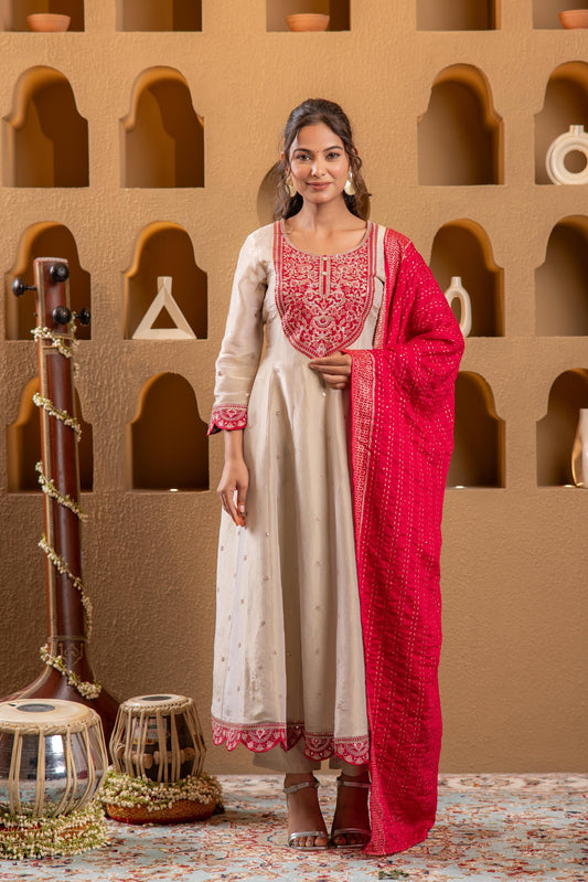 Juniper Ivory Anarkali Kurta Set With Pink Thread Embroidery & Dupatta