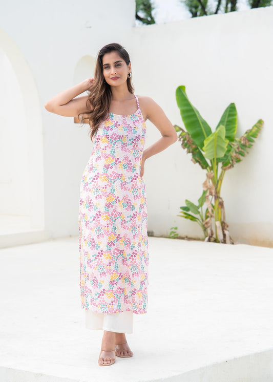 Juniper Pink Floral Printed Sleeveless Cotton Kurta | Grab2Buy