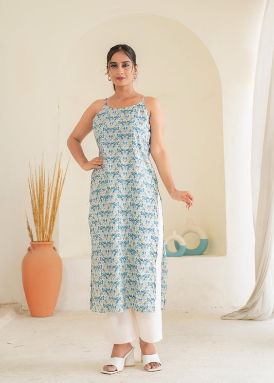 Juniper Sky Blue & White Floral Printed Cotton Kurta | Grab2Buy