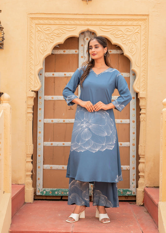 Juniper Women'S Printed Blue Viscose Kurta With Pant | Grab2Buy
