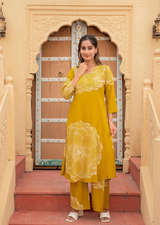 Juniper Women'S Mustard Floral Print Viscose Kurta & Pant Set With Sequin And Bead Work | Grab2Buy