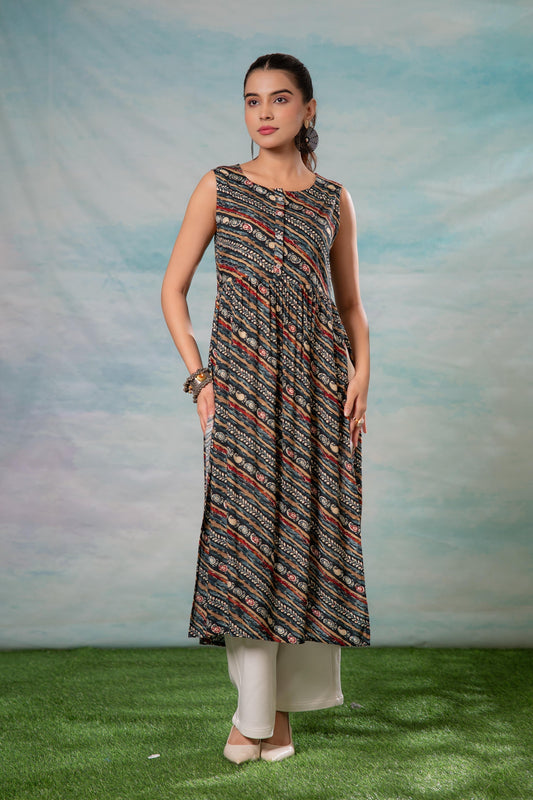 Juniper Women'S Navy Ethnic Motif Printed Sleeveless Kurta | Grab2Buy