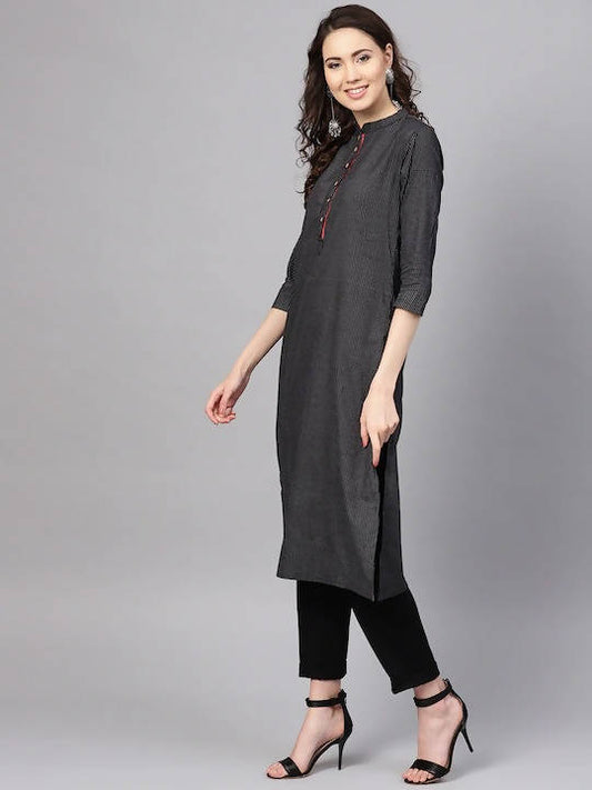 Myshka Women Black & White Striped Straight Kurta