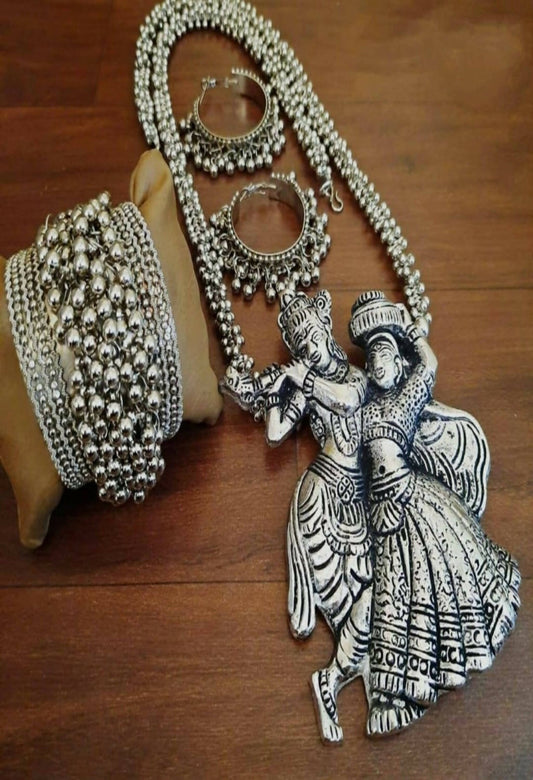 Mominos Fashion Johar Kamal Women Silver-Plated Brass Finish Radha Kishan Long Neckalce Combo Set - Grab2buy