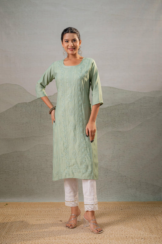 Juniper Pista Green Embroidered Kurta | Grab2Buy