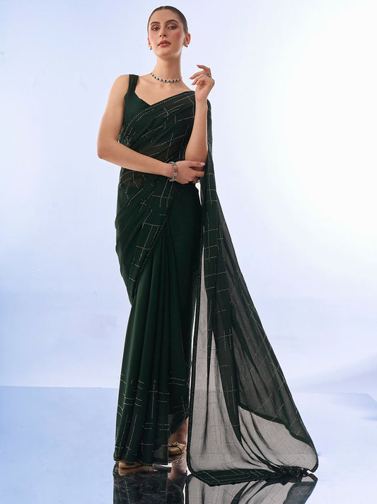Green Satin Chiffon Designer Work Lace Border & Swarovski Work Saree - Orchid