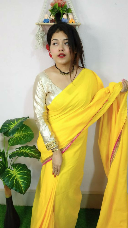 Exclusive Collection Beautiful Khadi Cotton Handloom Grab2Buy With Beautiful Zari Border - Yellow