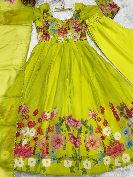 Evanik Parrot Soft Organza Silk With Floral Print Fully Flared Anarkali Pant With Dupatta Set