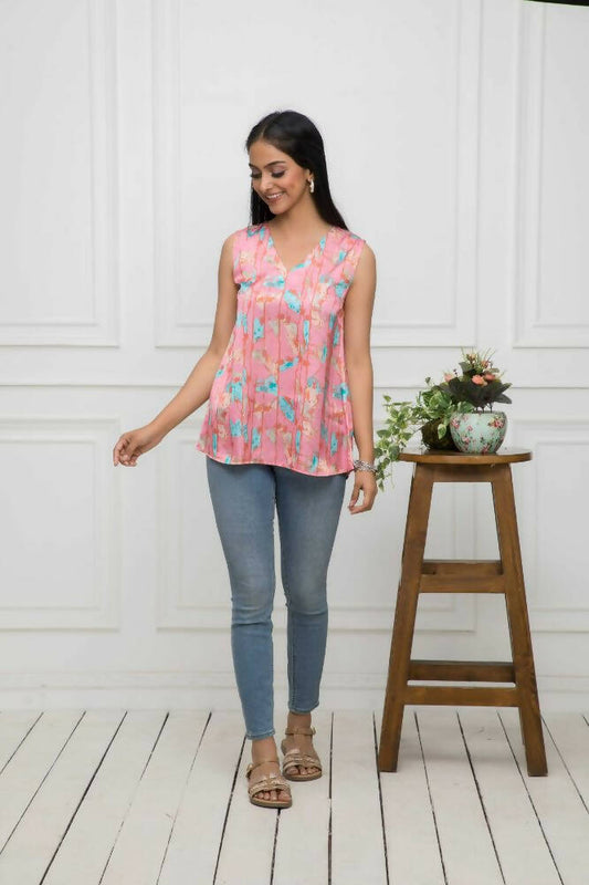 Myshka Women Multi-Abstract V-Neck No Sleeves Polyester Top