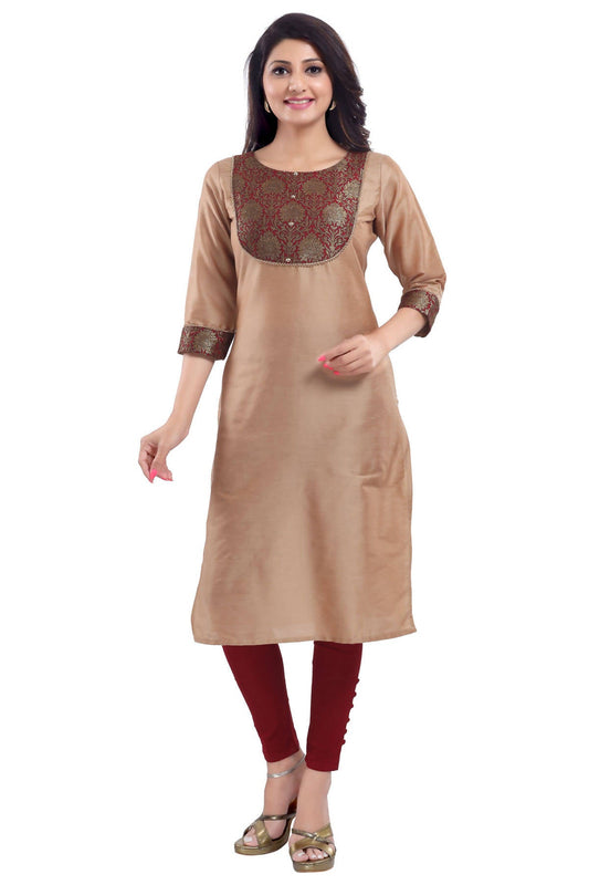 Snehal Creations Beige Cotton Silk Kurti Top