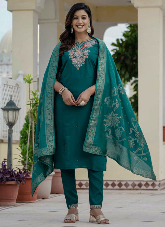 Prazu Fashion Rama Green Roman Silk Embroidered Sequence Designer Kurta Set