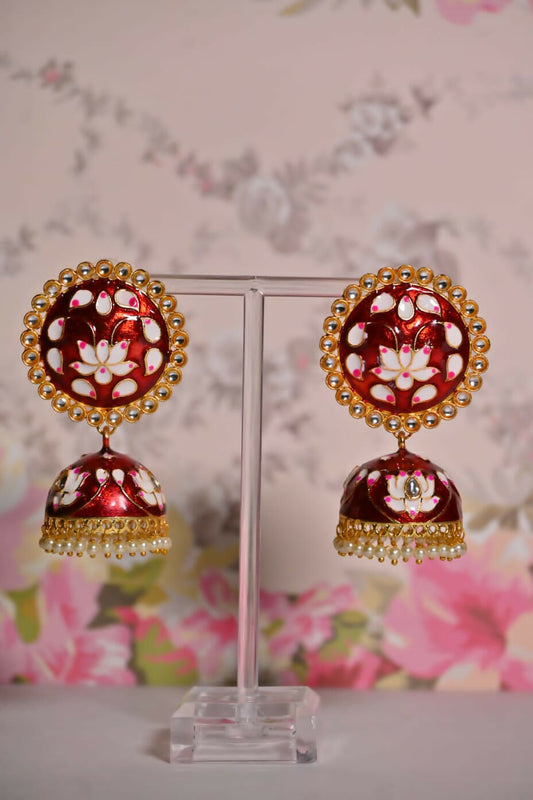 Maroon Round Shape Ethnic Meenakari Jhumki Earrings By House of Ree House of Ree