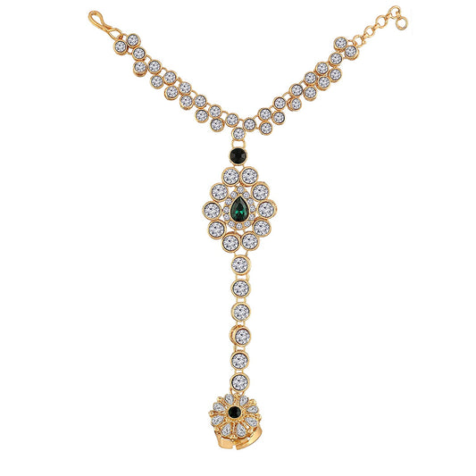Traditional Gold-Polished CZ Haath Phool/Panja/Adjustable Bracelet with Ring for Women - Wahe Jewels