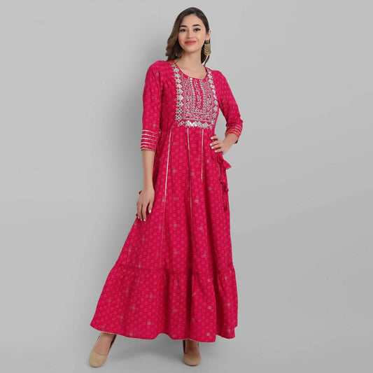 Juniper Fuchsia Rayon Festive Wear Embroidered Tiered Long Dress