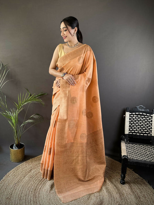 Joban Fashion Orange Floral & Paisley Linen Silk Banarasi Saree