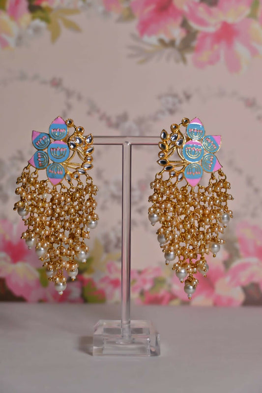 Sky Blue And Pink Ethnic Enamel Meenakari Lotus Earrings By House of Ree House of Ree