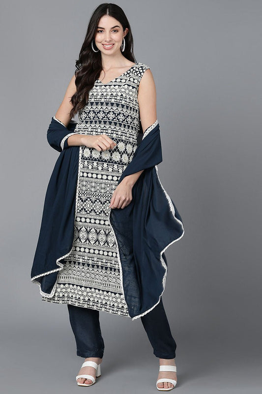 Ahika Teal Poly Georgette Embroidered Kurta Trouser With Dupatta