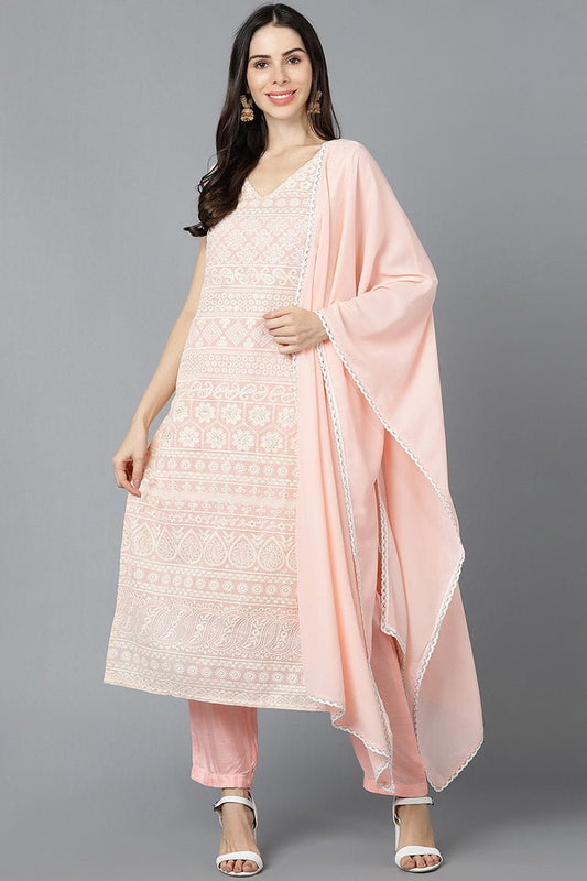 Ahika Peach Poly Georgette Straight Kurta Pant With Dupatta Set