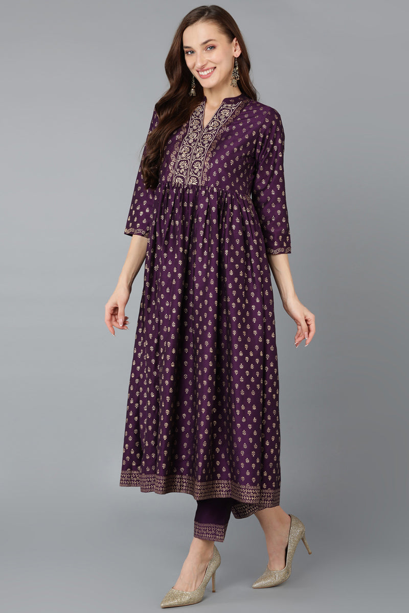 Women's Purple Silk Blend Anarkali Kurta Pant With Dupatta - Rasiya - Grab2buy