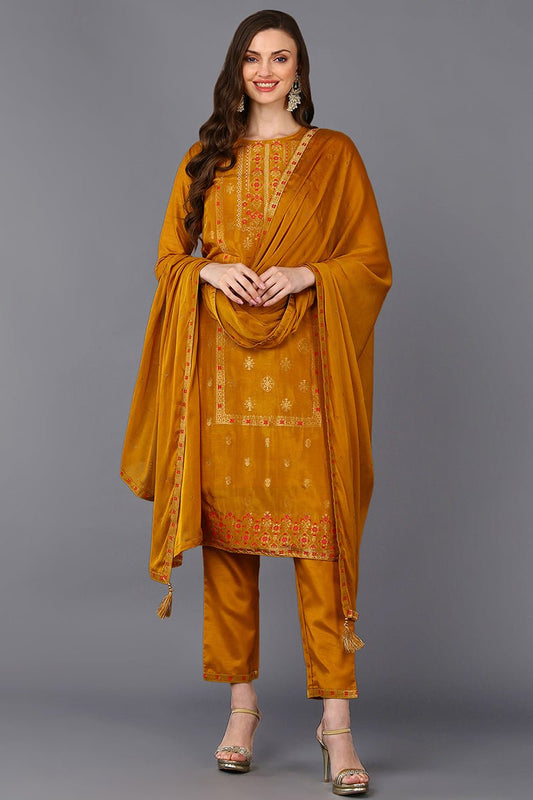 Ahika Silk Blend Mustard Embroidered Straight Suit Set | Grab2Buy