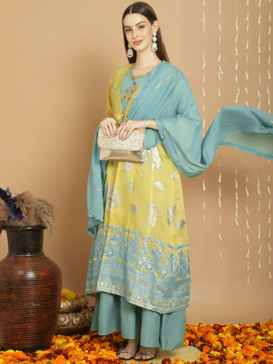 Aastha Fashion Women's Yellow Chanderi Silk Elegant Jardoshi Kurta with Trouser & Dupatta - Grab2buy