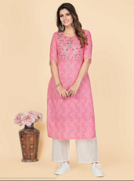 NOZ2TOZ Women's Printed & Embroidered Straight Cotton Pink Stitched Kurta (1Pc)
