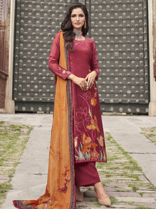 Aastha Fashion Women's Red Velvet Floral Digital Printed Kurta with Trouser & Dupatta - Grab2buy