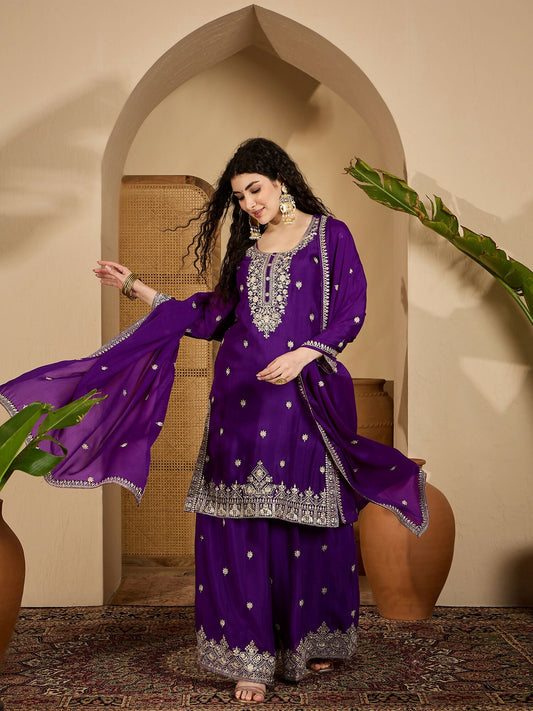 Joban Fashion Embroidery Purple Chinon Silk Kurta Set