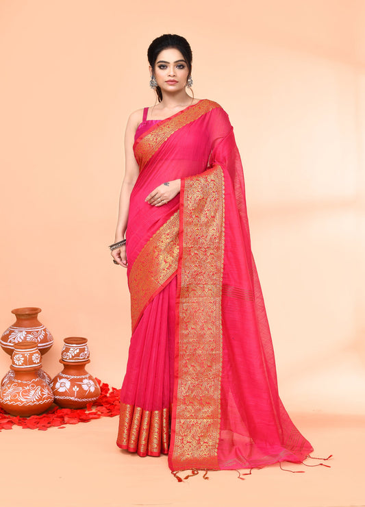 Piyari Fashion Women`s Cotton Blend Rani Handloom Saree With Blouse